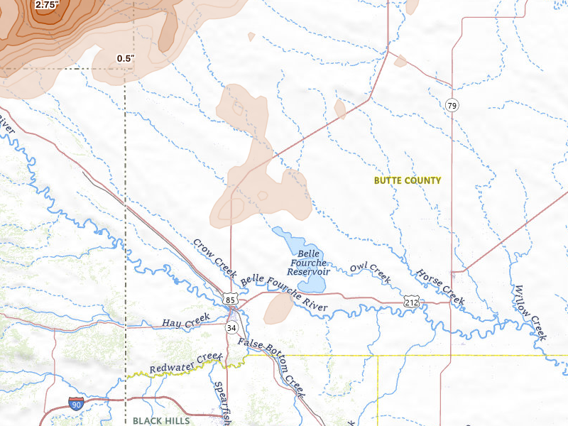 Radar-estimated hail-size map of the storm over Belle Fourche, SD on Jun 7, 2026