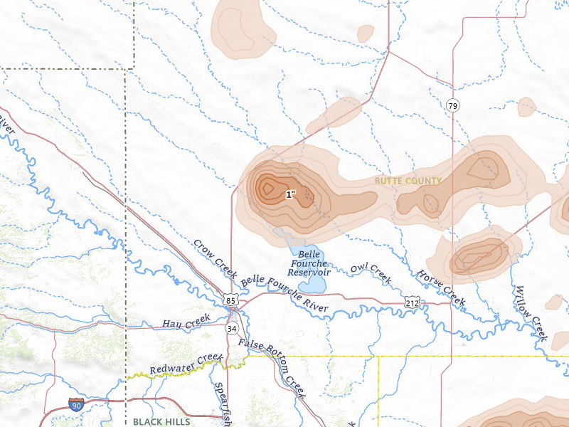 Radar-estimated hail-size map of the storm over Belle Fourche, SD on Jul 2, 2026