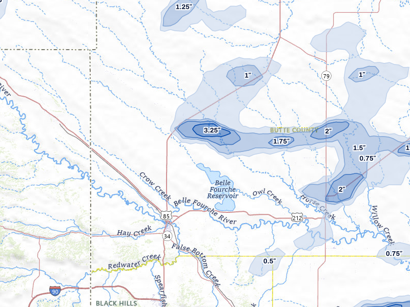 NEXRAD radar-signature map of the hail over Belle Fourche, SD