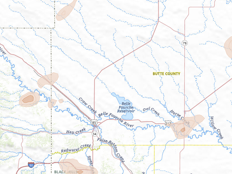 Radar-estimated hail-size map of the storm over Belle Fourche, SD on Jul 3, 2026