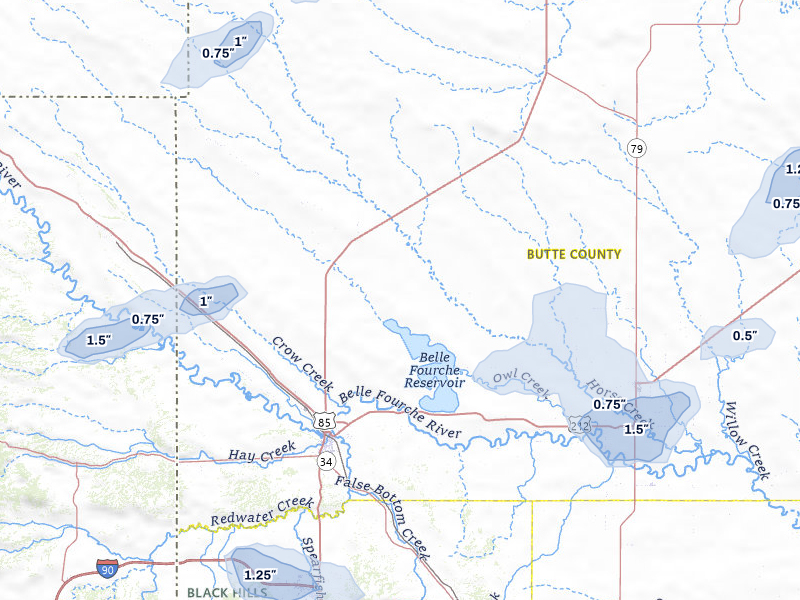 NEXRAD radar-signature map of the hail storm over Belle Fourche, SD on Jul 3, 2026