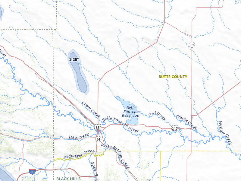 NEXRAD radar-signature map of the hail storm over Belle Fourche, SD on Jul 8, 2026