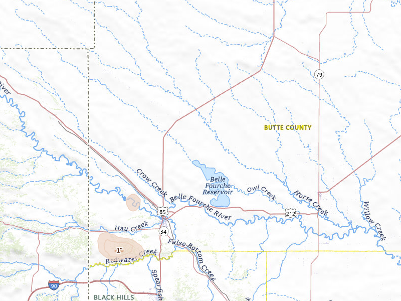 Radar-estimated hail-size map of the storm over Belle Fourche, SD on Jul 30, 2026