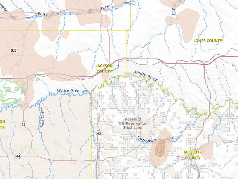 Radar-estimated hail-size map of the storm over Belvidere, SD on Jul 2, 2026