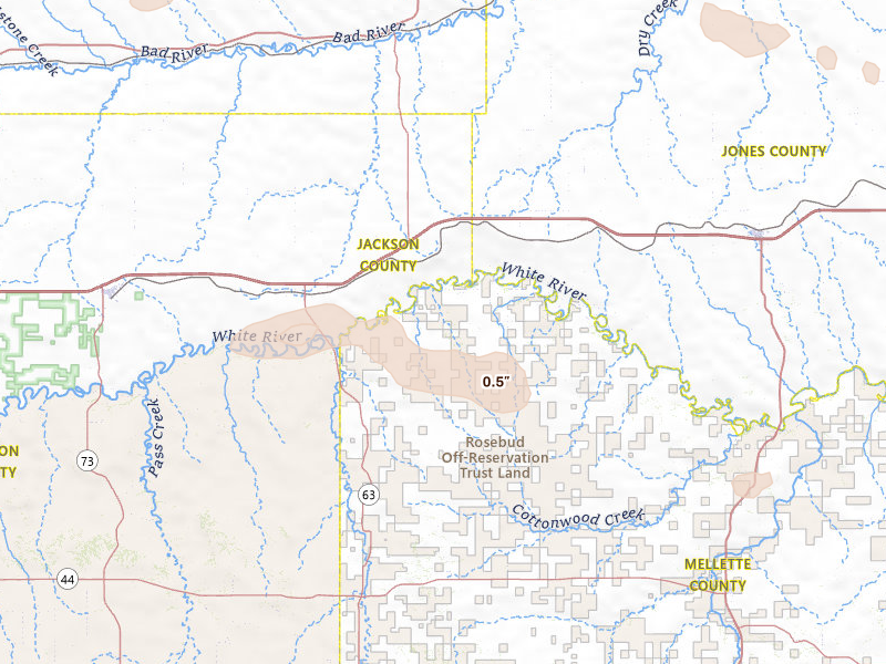 Radar-estimated hail-size map of the storm over Belvidere, SD on Jul 3, 2026
