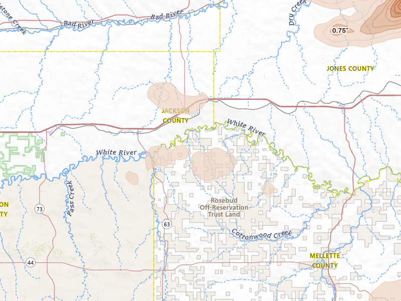 Radar-estimated hail-size map of the storm over Belvidere, SD on Jul 25, 2026