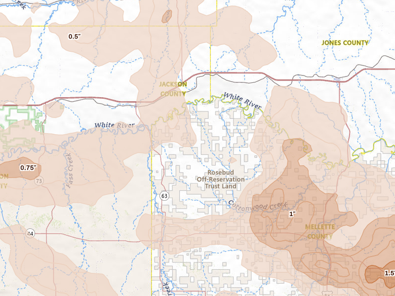 Radar-estimated hail-size map of the storm over Belvidere, SD on Aug 11, 2026