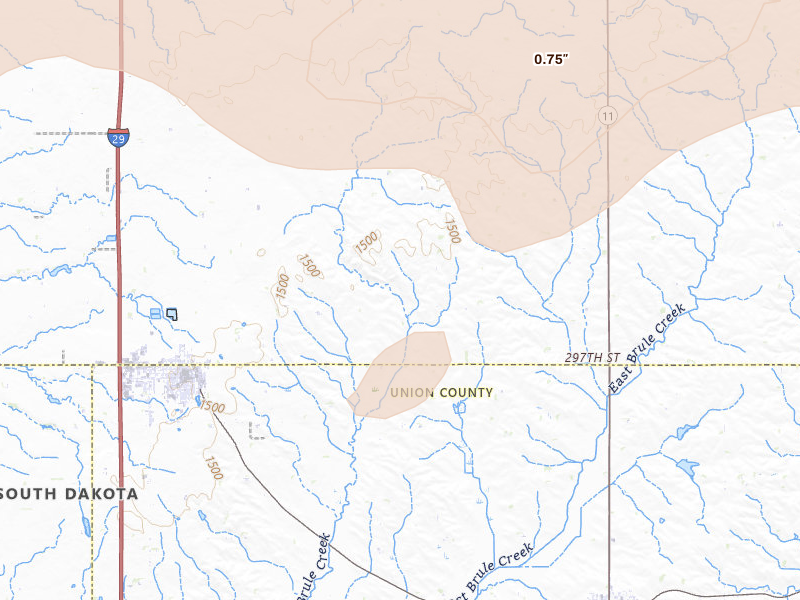 Radar-estimated hail-size map of the storm over Beresford, SD on May 31, 2026
