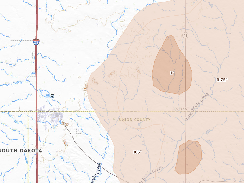 Radar-estimated hail-size map of the storm over Beresford, SD on Jun 29, 2026