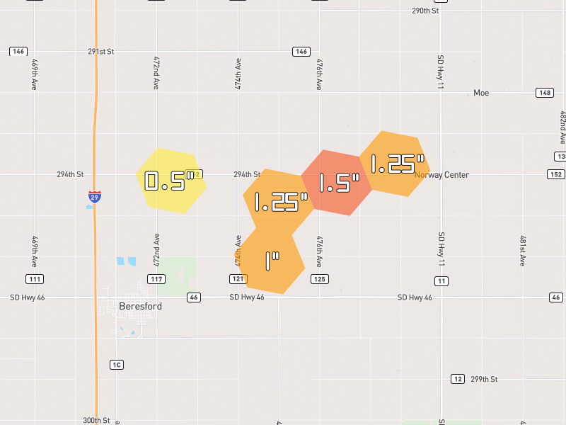 Hail map of Beresford, SD on Jun 30, 2026, hail up to 1.5"