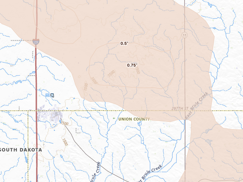 Radar-estimated hail-size map of the storm over Beresford, SD on Jul 25, 2026