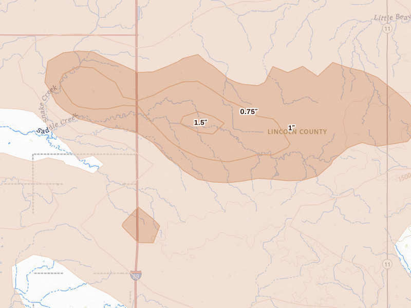 Radar-estimated hail-size map of the storm over Beresford, SD on Aug 10, 2026