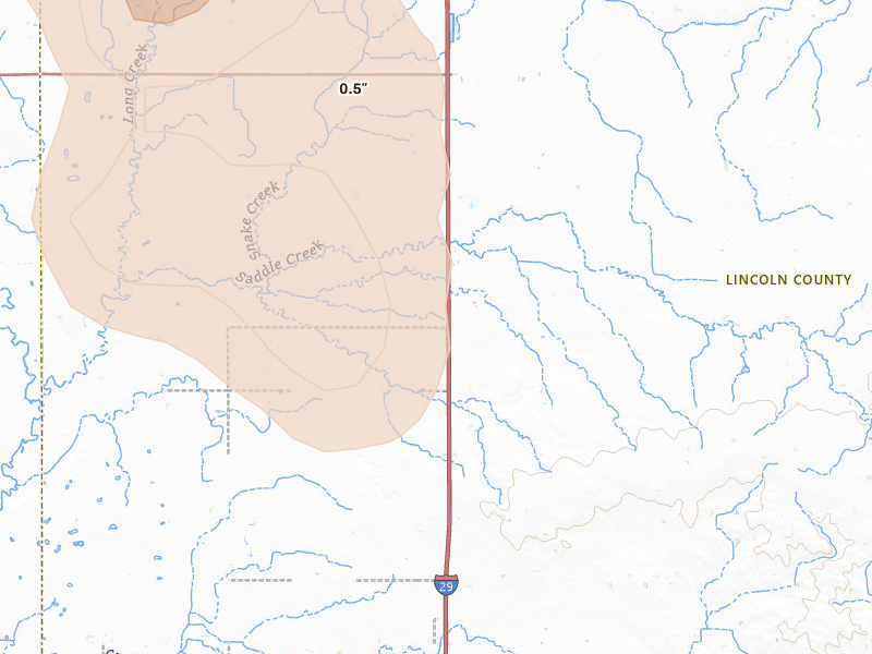 Radar-estimated hail-size map of the storm over Beresford, SD on Aug 20, 2026