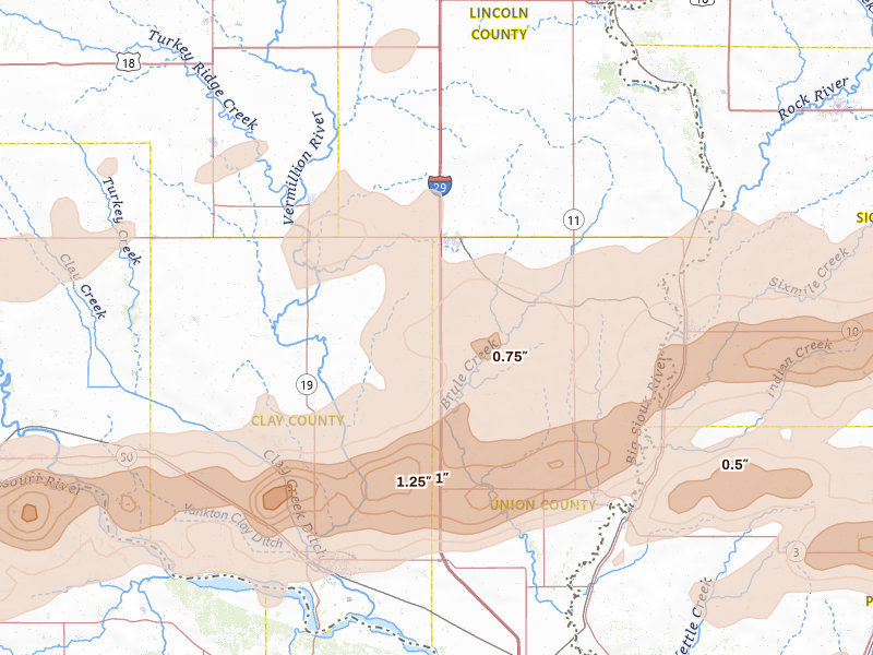 Radar-estimated hail-size map of the storm over Beresford, SD on Sep 1, 2026