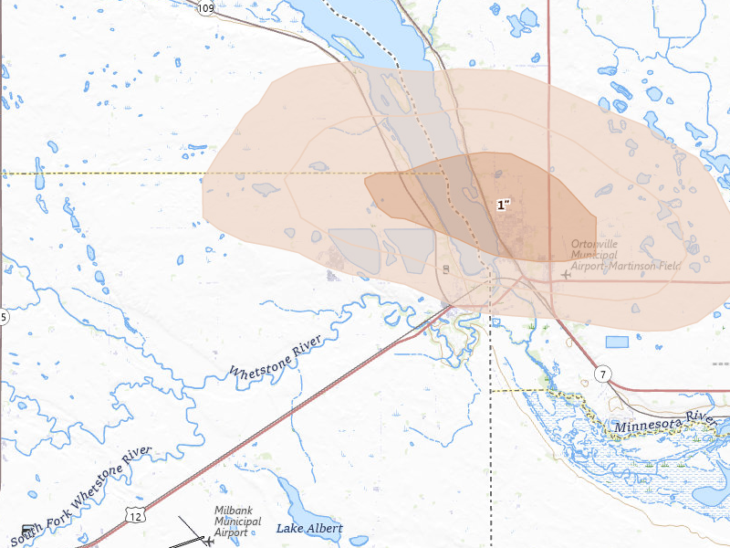 Radar-estimated hail-size map of the storm over Big Stone City, SD on Jun 4, 2026