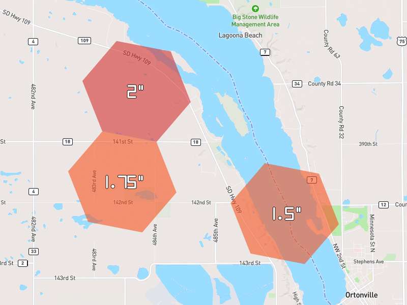 Hail map of Big Stone City, SD on Jun 5, 2026, hail up to 2"