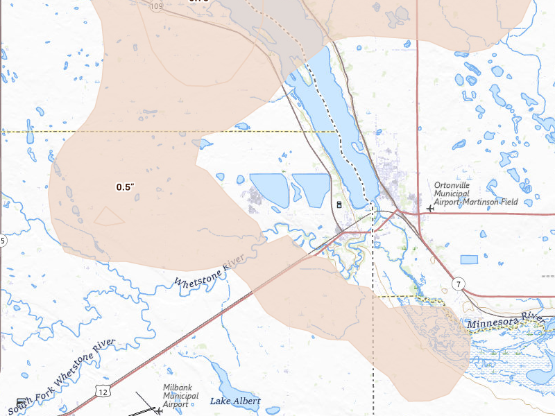 Radar-estimated hail-size map of the storm over Big Stone City, SD on Jul 4, 2026