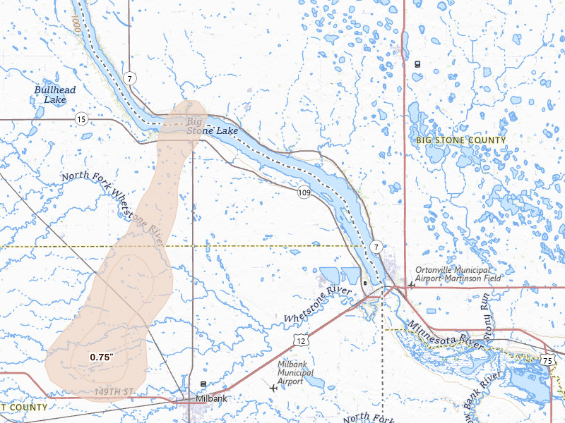 Radar-estimated hail-size map of the storm over Big Stone City, SD on Jul 10, 2026