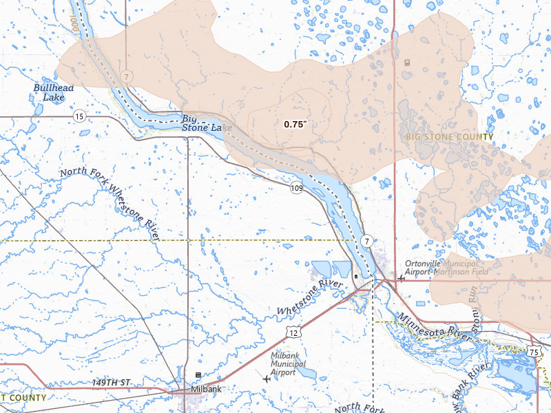 Radar-estimated hail-size map of the storm over Big Stone City, SD on Jul 19, 2026