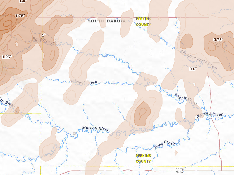 Radar-estimated hail-size map of the storm over Bison, SD on Jun 7, 2026