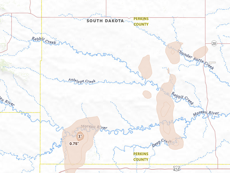 Radar-estimated hail-size map of the storm over Bison, SD on Jun 26, 2026
