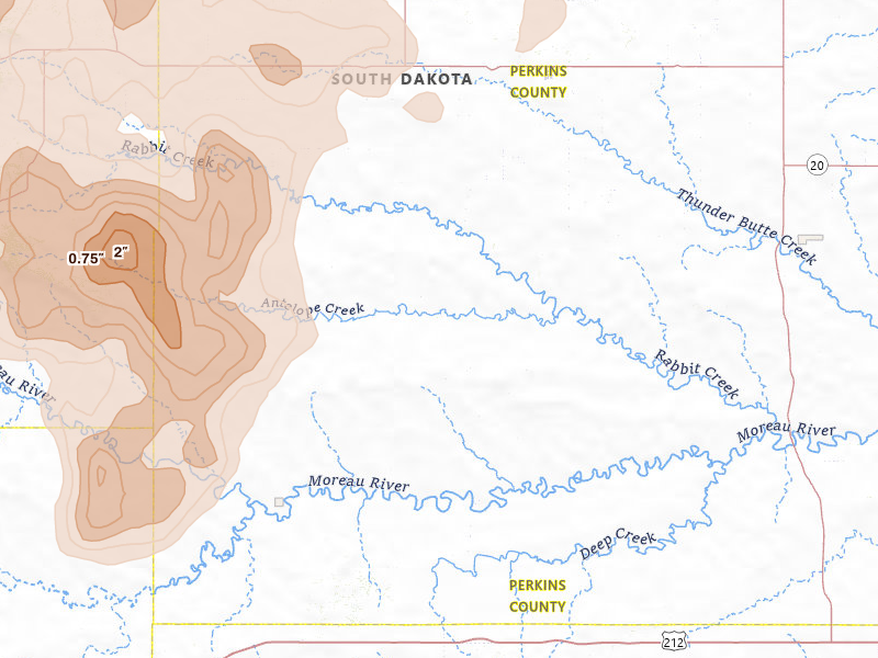 Radar-estimated hail-size map of the storm over Bison, SD on Jun 27, 2026