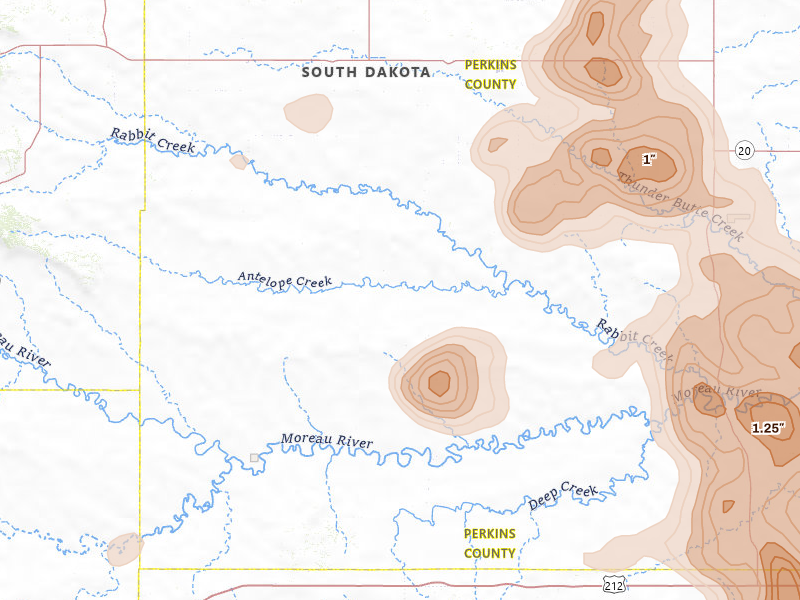 Radar-estimated hail-size map of the storm over Bison, SD on Jul 2, 2026