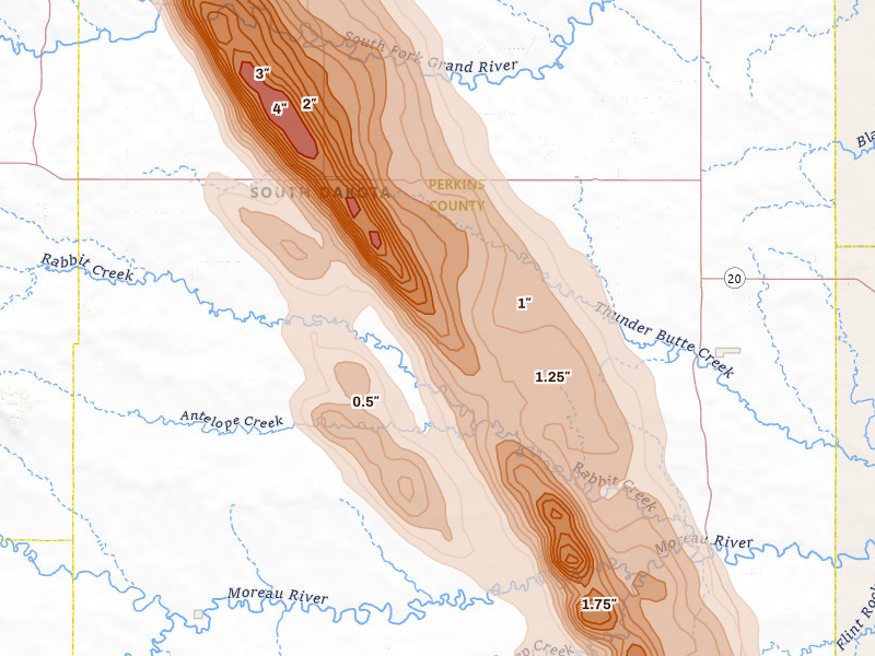 Radar-estimated hail-size map of the storm over Bison, SD on Aug 10, 2026