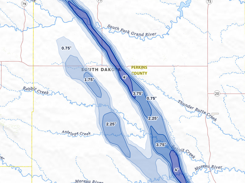 NEXRAD radar-signature map of the hail storm over Bison, SD on Aug 10, 2026