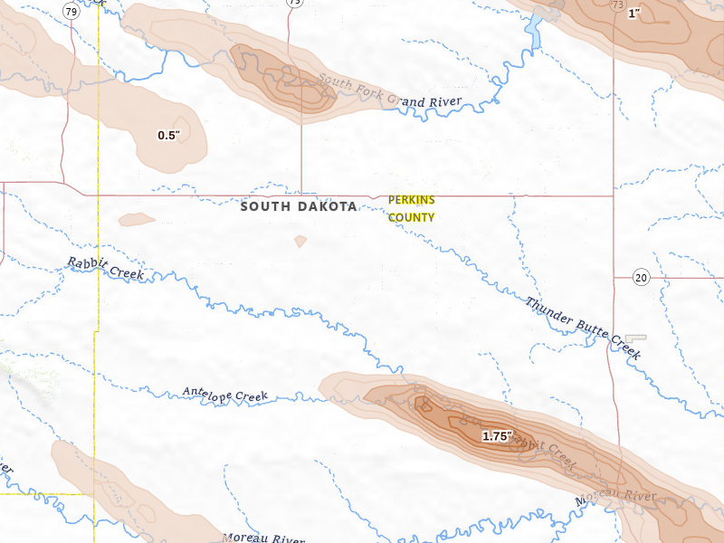 Radar-estimated hail-size map of the storm over Bison, SD on Aug 17, 2026