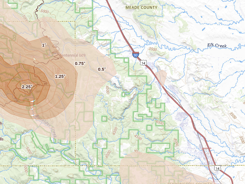 Radar-estimated hail-size map of the storm over Black Hawk, SD on Jun 22, 2026