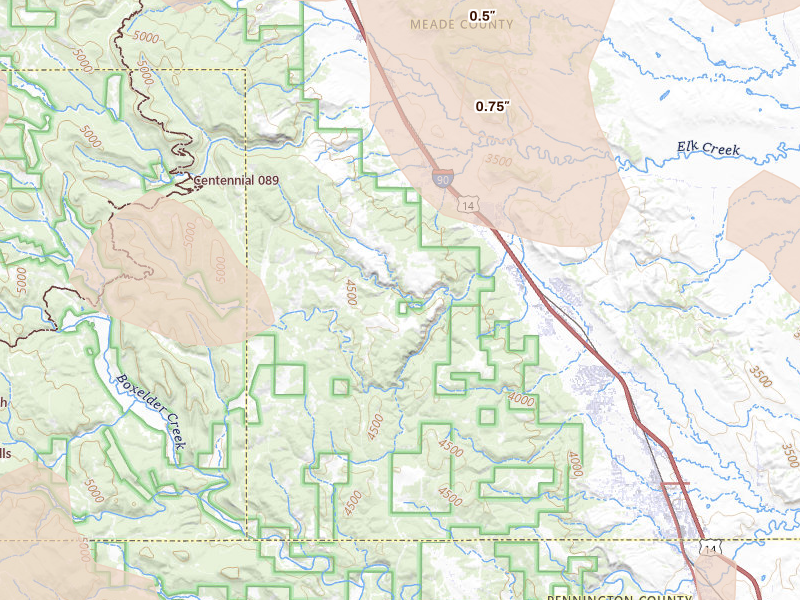 Radar-estimated hail-size map of the storm over Black Hawk, SD on Jun 26, 2026