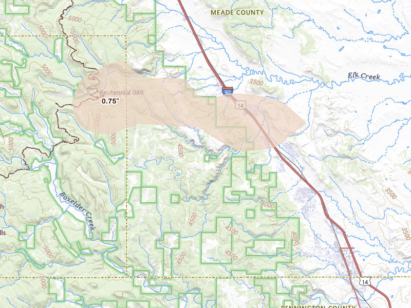 Radar-estimated hail-size map of the storm over Black Hawk, SD on Jul 7, 2026