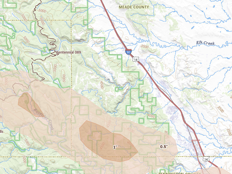 Radar-estimated hail-size map of the storm over Black Hawk, SD on Aug 16, 2026