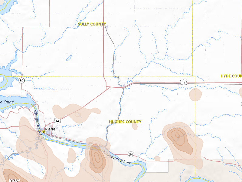 Radar-estimated hail-size map of the storm over Blunt, SD on Jun 4, 2026