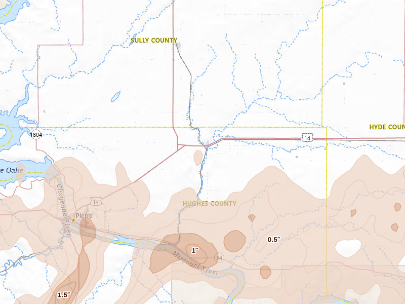 Radar-estimated hail-size map of the storm over Blunt, SD on Jun 9, 2026