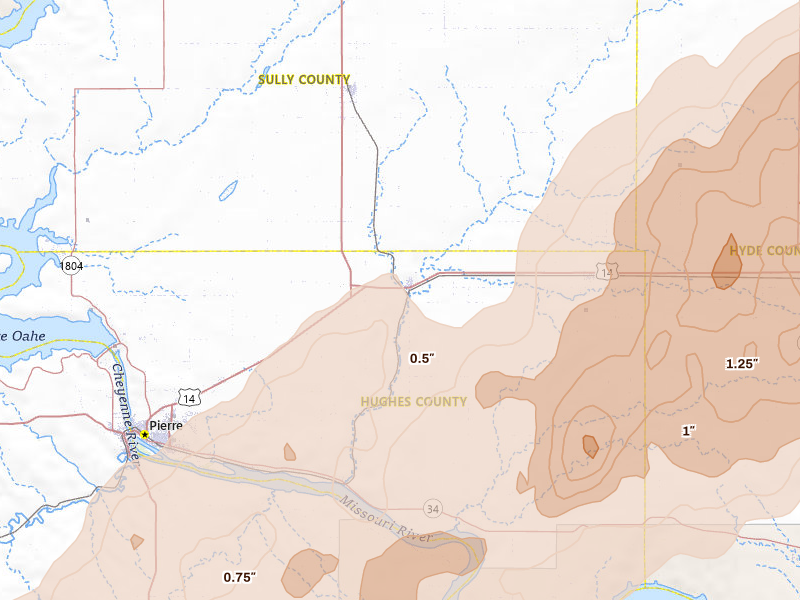 Radar-estimated hail-size map of the storm over Blunt, SD on Jun 28, 2026