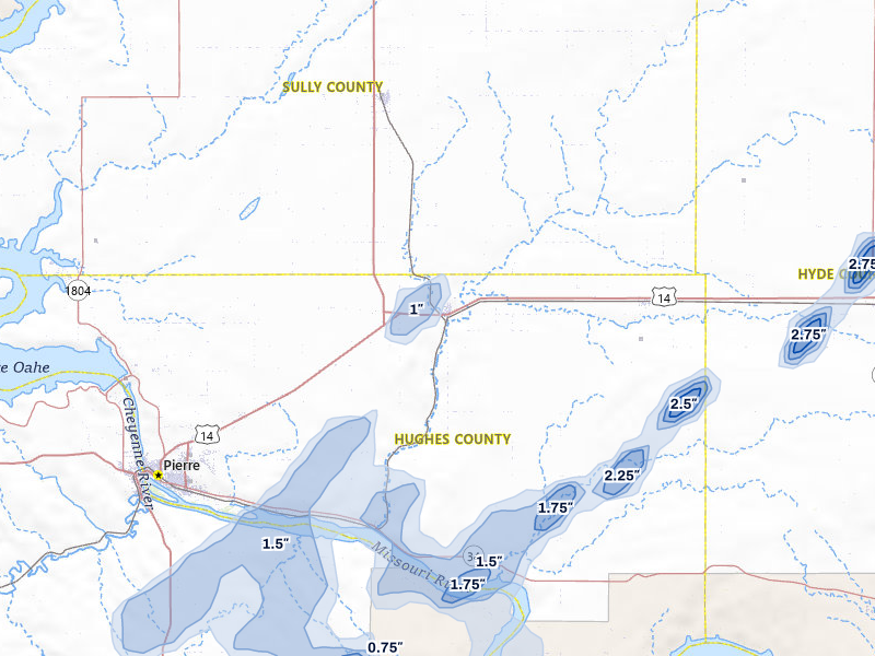 NEXRAD radar-signature map of the hail storm over Blunt, SD on Jun 28, 2026