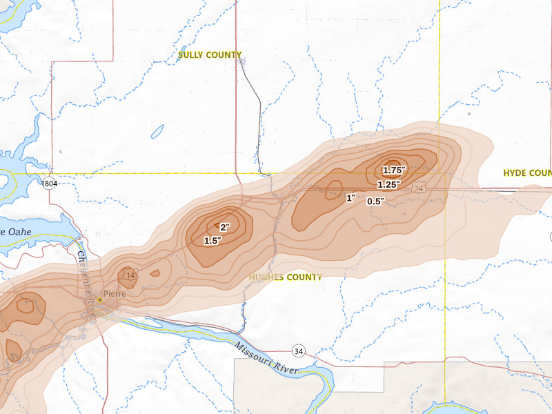 Radar-estimated hail-size map of the storm over Blunt, SD on Jul 25, 2026