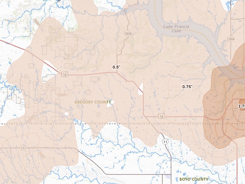 Radar-estimated hail-size map of the storm over Bonesteel, SD on Jun 27, 2026