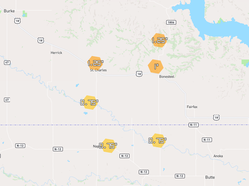 Hail map of Bonesteel, SD on Jun 28, 2026, hail up to 1.25"