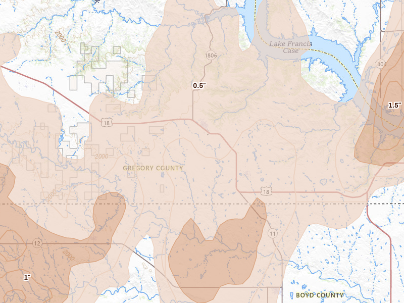 Radar-estimated hail-size map of the storm over Bonesteel, SD on Jun 30, 2026