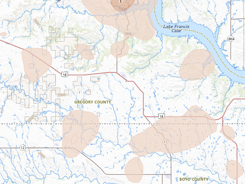 Radar-estimated hail-size map of the storm over Bonesteel, SD on Jul 2, 2026