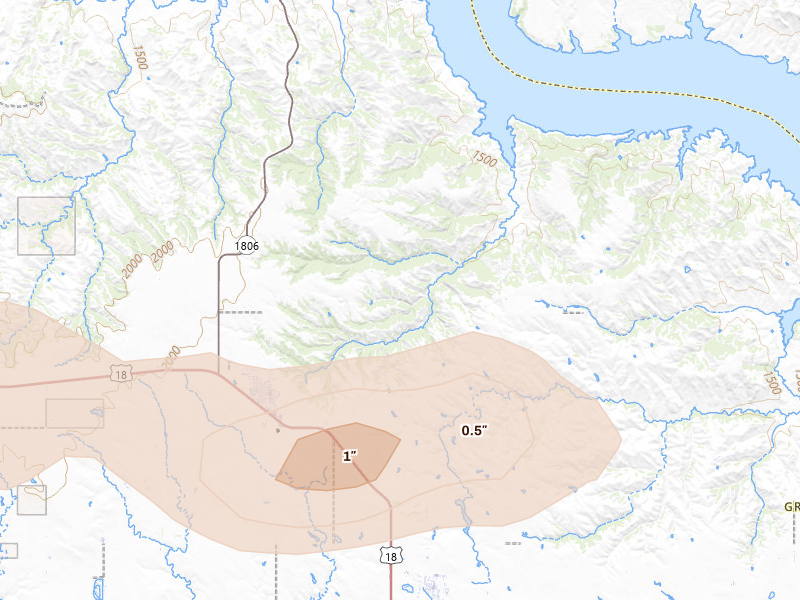 Radar-estimated hail-size map of the storm over Bonesteel, SD on Aug 3, 2026