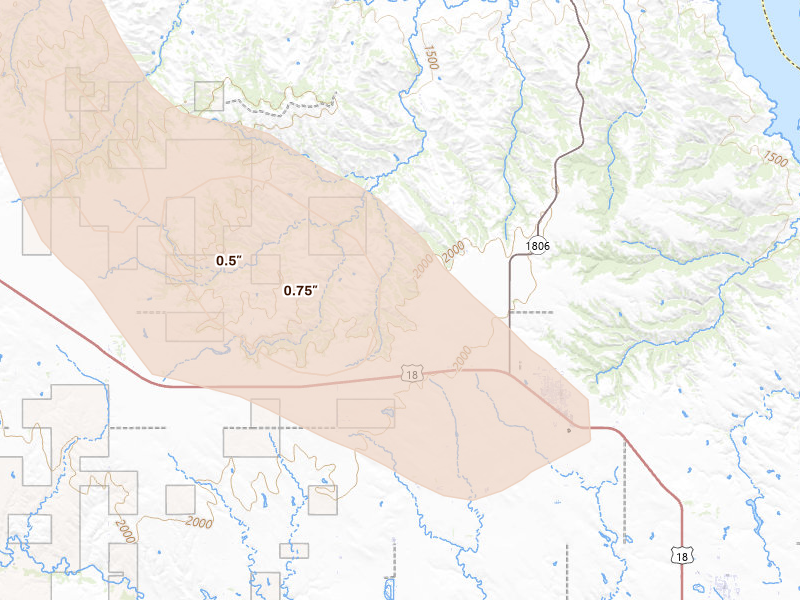 Radar-estimated hail-size map of the storm over Bonesteel, SD on Aug 6, 2026