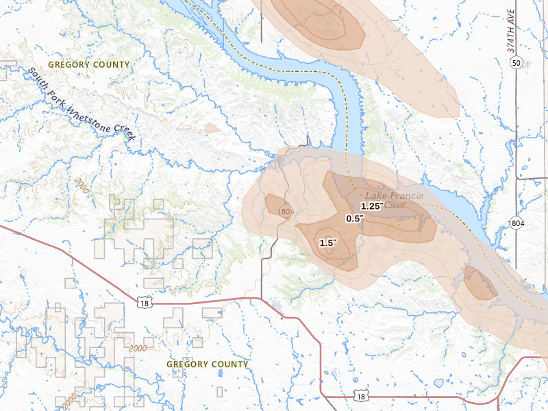 Radar-estimated hail-size map of the storm over Bonesteel, SD on Aug 23, 2026