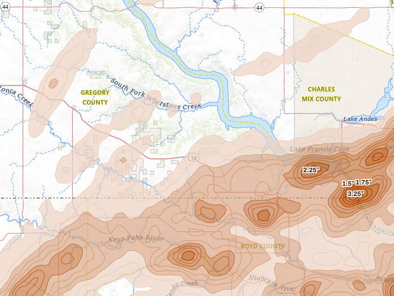 Radar-estimated hail-size map of the storm over Bonesteel, SD on Sep 1, 2026