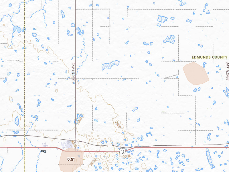 Radar-estimated hail-size map of the storm over Bowdle, SD on Jun 3, 2026