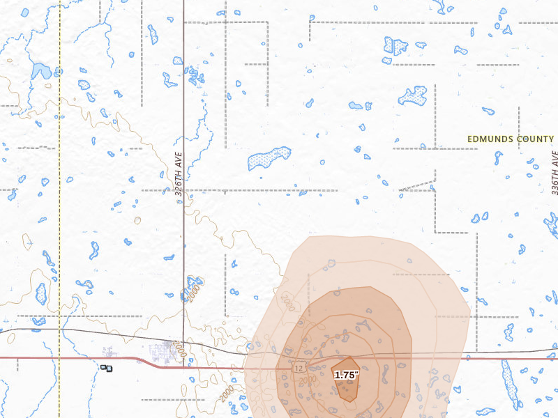 Radar-estimated hail-size map of the storm over Bowdle, SD on Jul 4, 2026