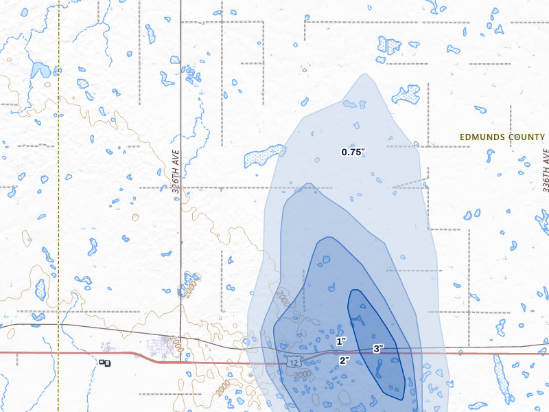 NEXRAD radar-signature map of the hail over Bowdle, SD